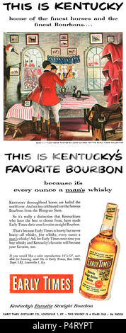 1951 US-Werbung für frühen Zeiten Kentucky straight Bourbon Whisky, Illustriert von John clymer. Stockfoto