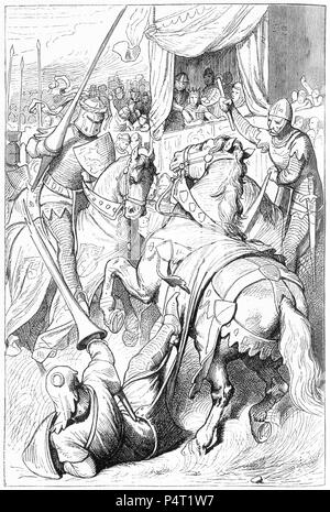Gravur der Ritter an einem Turnier kämpfen. Aus einer illustrierten Kopie von Ivanhoe, 1878. Stockfoto