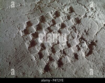 AJEDREZ GRABADO SOBRE EL SUELO DE LA TORRE DEL TROVADOR DE LA ALJAFERIA DE ZARAGOZA. Lage: ALJAFERIA - CORTES ARAGON, Saragossa, Saragossa Zaragoza, Spanien. Stockfoto