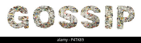 Das Wort Klatsch aus der Zeitung Konfetti isoliert auf weiß hergestellt Stockfoto