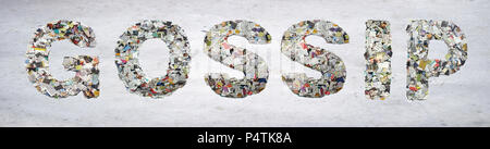 Das Wort Klatsch aus der Zeitung Konfetti auf altem Papier Stockfoto