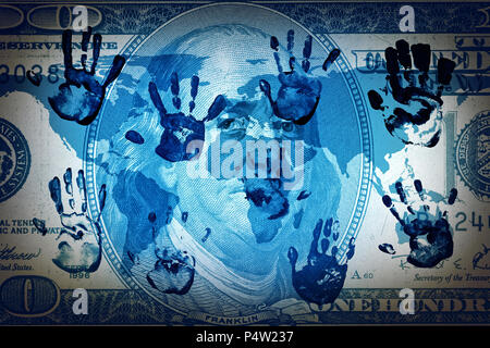 Konzeptioneller Hintergrund Bild von Geld, Weltkarte, Handabdrücke Stockfoto