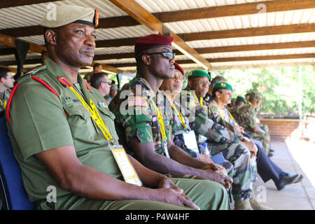 Führungskräfte von 40 afrikanischen Völkern sammeln ein afrikanisches Land Kräfte Gipfel friedenserhaltenden Berichtstil Demonstration auf dem Malawi Streitkräfte College (MAFCO) Salima, Malawi, 9. Mai 2017 zu sehen. Koester ist eine jährliche, einwöchigen Seminar in dem Land Kraft Leiter aus ganz Afrika für offenen Dialog zu diskutieren und kooperative Lösungen für regionale und überregionale Herausforderungen und Bedrohungen entwickeln. (US-Armee Stockfoto