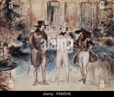 HONORE DE BALZAC CON FREDERIC LEMAITRE Y THEOPHILE GAUTIER - ACUARELA SIGLO XIX. Autor: Jean Ignace Isidore Gérard Grandville (1803-1847). Stockfoto