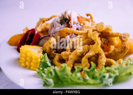 peruanische Küche: Ceviche de Pescado con calamar Stockfoto