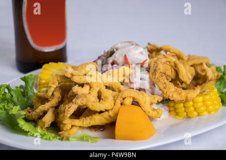 peruanische Küche: Ceviche de Pescado con calamar Stockfoto