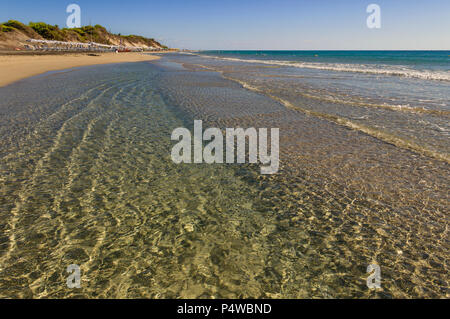 Die schönsten Sandstrände von Apulien: Alimini Bay, Salento Küste. Italien. Es ist eine große sandige Küste von Pinienwäldern, die von Dünen wachsen geschützt. Stockfoto