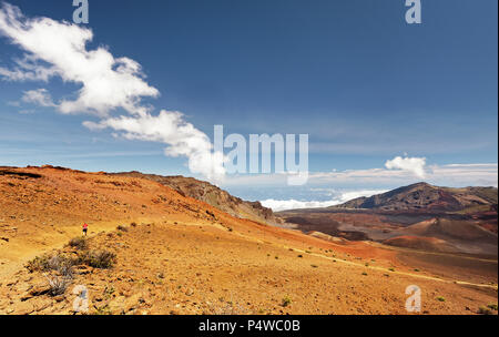 Große vulkanische Landschaft mit Lavafeldern in verschiedenen Farben, Ocker schattiert, Rottöne, Person als Größenvergleich, die wolkenbildung - Ort: Hawaii, Insel Stockfoto