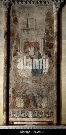 Wandbild Condado de CORONACION DE LA VIRGEN - SIGLO XIV. Lage: IGLESIA DE SANTA MARIA DE LA ASUNCIÓN, Arcos de la Frontera, Cadiz, Spanien. Stockfoto