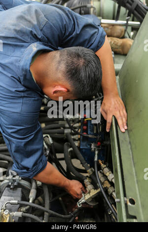 Us Marine Corps Lance Cpl. Daniel M. Wanjala, Ingenieur Anlagen Mechaniker, 2. Transport Support Battalion (TSB), die Bekämpfung der Logistik Regiment 2, 2 Marine Logistik Gruppe, Dienstleistungen ein unwegsames Gelände des Containers während ein Gang Wartung Inspektion am Camp Lejeune, N.C., 9. Mai 2017. 2 TSB durchgeführt, um die Aufsicht zu gewährleisten. Gang bereit war zu unterstützen Kommandostellenübung III. Stockfoto