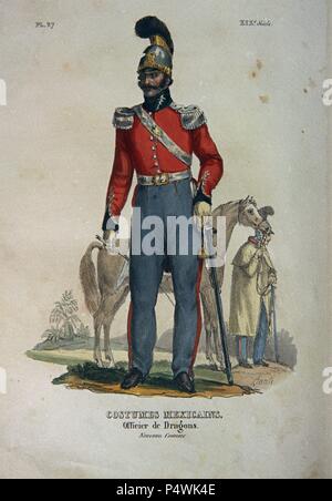 TRAJES CIVILES, MILITARES Y RELIGIOSOS DE MEXIKO - 1828 - OFICIAL DE DRAGONES MEXICANO - LITOGRAFIA SIGLO XIX. Autor: Claudio Linati (1790-1832). Lage: das Museo DE AMERICA - COLECCION, MADRID, SPANIEN. Stockfoto