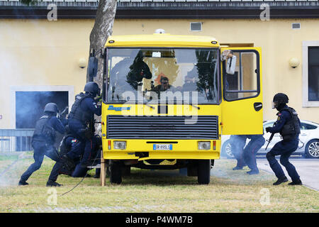 Italienischen Carabinieri "API", Aliquota Primo Intervento, während der Löwe Antwort 2017 Übung, Vicenza militärischen Gemeinschaft die vollständige durchgeführt Lion Shake '17 Übung auf Caserma Ederle Vicenza, Italien, 10. Mai 2017. Der Zweck der jährlichen Übung war zu testen und Schutz und das Management in Notfällen Pläne und Verfahren als Reaktion auf eine Notfallsituation zu validieren. Stockfoto