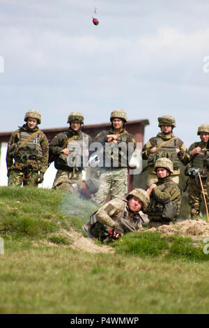 Ein ukrainischer Soldat 1. Airmobile Bataillon zugeordnet, 79. Air Assault Brigade wirft eine Praxis-Granate während des Trainings unter der Leitung von Yavoriv GÜZ Trainern im Yavoriv CTC International Peacekeeping und Security Center in der Nähe von Yavoriv, Ukraine, am 10. Mai.    Yavoriv CTC-Personal zusammen mit Mentoren aus der US-Armee 45. Infantry Brigade Combat Team, führen Granate Einarbeitung und Ausbildung Beschäftigung mit Soldaten aus den 1-79. während der Rotation des Bataillons durch Yavoriv CTC. 45. bereitgestellt wird, in die Ukraine als Teil der gemeinsamen multinationalen Training Group-Uk Stockfoto