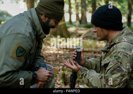 Italienischer Soldat des Savoia Cavalleria 3rd Squadron, linken und britische Soldaten der Queens Royal Hussars, Recht, Waffe Wartung während der Durchführung Einsatzvorbereitung während Saber Junction 17 im Hohenfels Trainingsbereich, Deutschland, 10. Mai 2017. Säbel Junction 17 ist der US-Army Europe 2d Kavallerie-Regiment Kampftraining Zentrum Zertifizierung Übung, statt an den Joint Multinational Readiness Center in Hohenfels, Deutschland, April 25-Mai 19, 2017. Die Übung soll die Bereitschaft des Regiments, einheitliches Land tätig, mit Schwerpunkt auf Rück Stockfoto