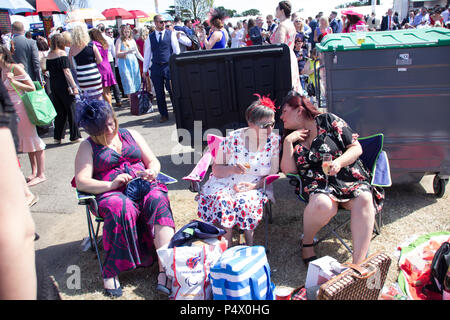 Gruppe von glamourös gekleidet Kaukasischen Damen sitzen durch die Sprünge mit ihren Picknick am Royal Ascot Rennen im Windsor Gehäuse Stockfoto