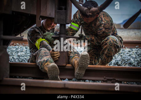 U.S. Marine Lance Cpl. Lucas Daniels, links, ein Kraftfahrzeug-Operator mit Stabskompanie, Bekämpfung von Logistik-Regiment 45, 4. Marine Logistics Group und Lance Cpl. Jess Guillermo, eine Landung-Support-Spezialist mit 2. Transport unterstützen Bataillon, Combat Logistik-Regiment 2, 2. Marine Logistics Group, installieren eine Hilfs Balken unter Triebwagen in der Hölle, Norwegen, 9. Mai 2017. Die Marines hinzugefügt den Strahl um das Gewicht von einem M1A1 Abrams-Panzer zu unterstützen, die während strategische Mobilität Übung 17 (STRATMOBEX) geladen wurde. STRATMOBEX war eine Bewertung der Bereitschaft der Ausrüstung in Norwegen für gehalten Stockfoto