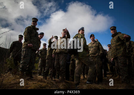 Norwegische Home Guard und US Marine Beamten die Teilnahme an einer Commander Konferenz schauen Sie über eine Versammlung, wo Ausrüstung für strategische Mobilität Übung 17 (STRATMOBEX) in Norwegen, 9. Mai 2017 inszeniert wird. Die Führungskräfte besuchten die Höhle Website den Verlauf der Übung zu beobachten. STRATMOBEX wurde initiiert, um Marines auf der Extraktion von Ausrüstung in den Höhlen und die retrograde von Materialien rechtzeitig, organisierte Art und Weise zu trainieren. Stockfoto