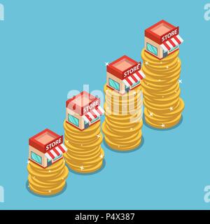 Wohnung 3 d Isometrische shopping Store auf der Spitze des wachsenden coin stack. Franchise business Marketing Konzept. Stock Vektor