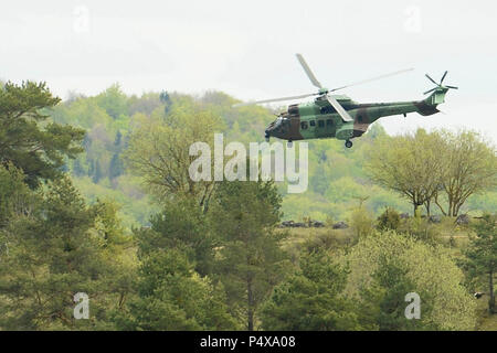 HOHENFELS, Deutschland - Eine Albanische als 532 Eurocopter Cougar Hubschrauber fliegt overwatch während Sabre Junction 17, ein Feld Training am Joint Multinational Readiness Center durchgeführt am 30. Mai. SB 17 ist entworfen, um die Bereitschaft der 2d Cavlry's Regiment Soldaten Unified land Operationen durchzuführen, zu bewerten, und zwar insbesondere auf den Übergang von der Garnison Maßnahmen zur Bekämpfung und Ausübung operativer und taktischer Entscheidungsfähigkeit. Die Übung umfasst fast 4.500 Teilnehmer aus 13 Nationen der NATO und der Europäischen Partner. Stockfoto