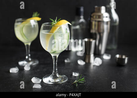 Gin Fizz Cocktail mit Zitrone, Gurke, Rosmarin und Eis. Gin Tonic oder Gimlet auf schwarzem Hintergrund, kopieren. Stockfoto