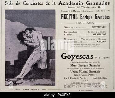 Enrique Granados (1867-1916). Der spanische Komponist und Pianist. Programm für das Konzert Goyescas (Los Majos Enamorados), die gallants Goyescas (In der Liebe) am Piano durch den Komponisten in der Konzerthalle der Academia Granados in Barcelona durchgeführt. Erster und zweiter Teil. 30. Mai 1915. Katalonien, Spanien. Stockfoto