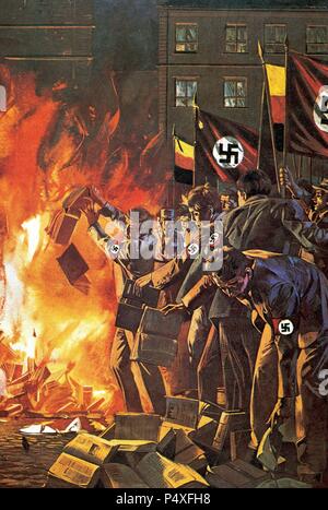 Nazismus. Bücherverbrennung in keinem Zusammenhang mit dem Regime. Zeichnung. Stockfoto