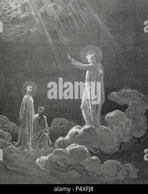"LA DIVINA COMEDIA". Poema escrito en Toscano donde se relata El viaje de su Autor, DANTE ALIGHIERI, Para llegar a la CONTEMPLACION DIVINA. 'ME MIRABA, LUEGO QUE LLEGASE MI TIEMPO, COMO SU SEÑOR FUTURO" (Paraiso, C. VIII). Grabado de Gustavo DORE. Stockfoto