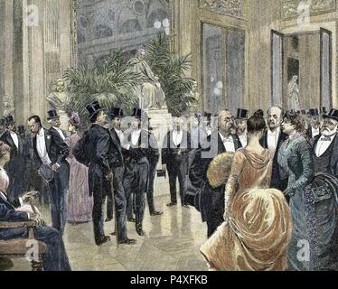 Bürgerlichen Familien im Foyer des Theaters Francais. Farbige Gravur aus dem Jahr 1885. Stockfoto