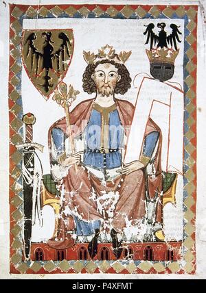 Heinrich VI. Hohenstaufen (Nijmegen, 1165, Messina, 1197.) König von Italien und Deutschland und Kaiser (1191-1197), Sohn von Friedrich I Barbarossa. Der Kaiser mit dem Wappen der Habsburger Monarchie. Fol. 6 r. Codex Manesse (ca. 1300) von Rüdiger Manesse und seinen Sohn Johannes. Universität Heidelberg. Bibliothek. Deutschland. Stockfoto