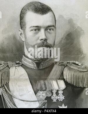 Nikolaus II. (1868-1918). Letzte Kaiser von Russland, Großherzog von Finnland, und der König von Polen. Sein offizieller Titel war Nikolaus II., Kaiser und Autokrat von ganz Rußland. Gravur. Stockfoto