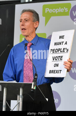 Peter Tatchell Adressen Massen in Parliament Square in Central London, während der Abstimmung März für ein zweites EU-Referendum. Stockfoto