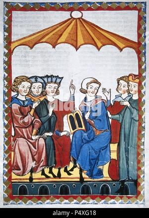 Gottfried von Strassburg, Dichter aus dem 13. Jahrhundert, mit seiner Arbeit. Codex Manesse (ca. 1300) von Rüdiger Manesse und seinen Sohn Johannes. Fol. 364 r. Universität Heidelberg. Bibliothek. Deutschland. Stockfoto