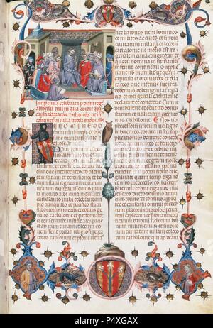 Alfonso IV von Aragon als "die Art" (1299-1336). König von Aragon und Graf von Barcelona, als Alfonso III, von 1327 bis zu seinem Tod. Sohn von James II und Blanche von Anjou. Folio der "Codex von Say' Darstellung des katalanischen Parlaments in Montblanc am 18. Juni versammelten, 1333 unter dem Vorsitz des Königs. Paeria Stadtarchiv. Lleida. Katalonien. Spanien. Stockfoto