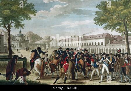 MOTIN DE ARANJUEZ (1808). Insurrección que estalló Contra el Primer ministro Manuel GODOY En la noche del 17 Al 18 de marzo de 1808, a Cargo de los nobles del Partido marozia. El Dia 19, El Rey Carlos IV abdicó en zugunsten de su hijo, El futuro Rey Fernando VII. Grabado. Patrimonio Nacional. Madrid. España. Stockfoto