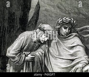 "LA DIVINA COMEDIA". Poema escrito en Toscano donde se relata El viaje de su Autor, DANTE ALIGHIERI, Para llegar a la CONTEMPLACION DIVINA. "VIRGILIO Y DANTE RECORRIENDO EL INFIERNO". Grabado de Gustavo DORE. Stockfoto