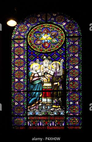 Glasmalerei-Fenster Darstellung der Ehe von Josef und Maria. Kloster Montserrat. Katalonien. Spanien. Stockfoto