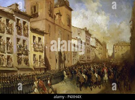 ARTE S. XIX. ESPAÑA. BLANCHARD, Pharamond (1805-1873). Pintor francés. 'PASEO DE LOS DUQUES DE MONTPENSIER, POR LA CALLE DE LA MONTERA'. Oleo realizado en el año 1846. Palacio de Orleans. Villamanrique. Sevilla. Andalusien. Stockfoto