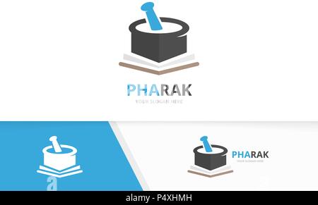 Vektor Apotheke und offenes Buch logo Kombination. Pounder und Buchhandlung Symbol oder Icon. Einzigartige Mörser und Stößel Logo Design Template. Stock Vektor