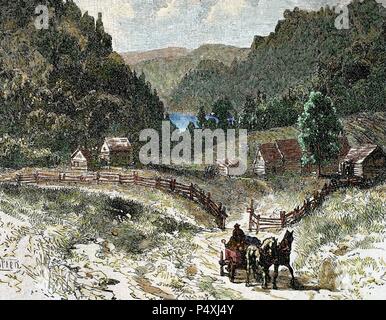 Kanadische Landschaft im achtzehnten Jahrhundert. 19. Jahrhundert farbigen Gravur. Stockfoto