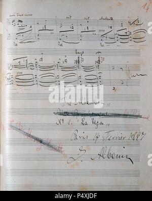 Camprodón ALBENIZ, Isaac (1860-Cambo-les-Bains, 1909). Compositor y pianista Español. "LA ALHAMBRA". Número 1 'La Vega' (final de la obra). Manuscrito firmado en París en febrero de 1897. Stockfoto