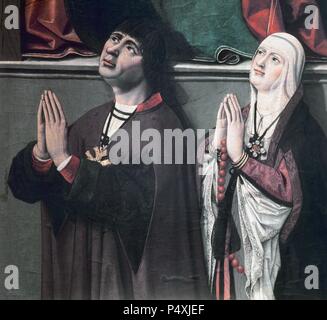 Katholische Könige (Isabella I. von Kastilien und Ferdinand II. von Aragon). "Ferdinand und Isabella betet: "von Maestro Manzanillo. Museo L · zaro Galdiano. Madrid. Spanien. Stockfoto