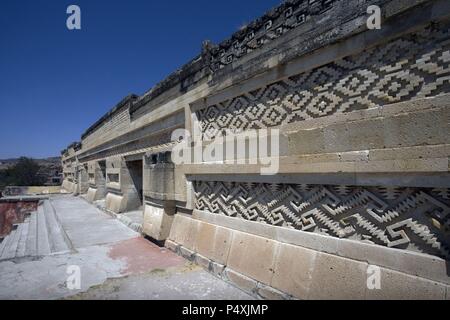 Mexiko. Mitla. Alte Mixtec-Zapotec zeremonielle Zentrum. Fassade der großen Halle der Spalten. Oaxaca Staat. Stockfoto