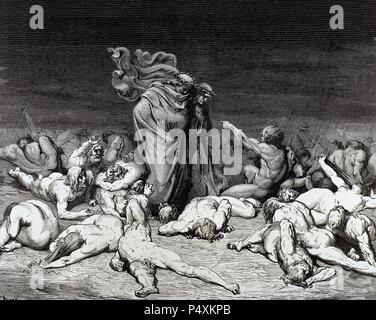 "LA DIVINA COMEDIA". Poema escrito en Toscano donde se relata El viaje de su Autor, DANTE ALIGHIERI, Para llegar a la CONTEMPLACION DIVINA. 'MUCHAS FIGURAS QUE MOSTRABAN DESEOS DE HABLAR' (Paraiso, C. III). Grabado de Gustavo DORE. Stockfoto