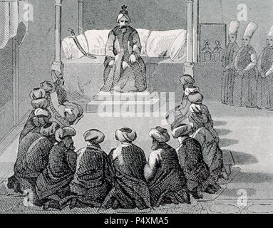 OSMANISCHEN REICHS. Turkei. Publikum vor der Großwesir. Gravur des neunzehnten Jahrhunderts. Stockfoto