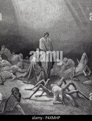 "LA DIVINA COMEDIA". Poema escrito en Toscano donde se relata El viaje de su Autor, DANTE ALIGHIERI, Para llegar a la CONTEMPLACION DIVINA. '¡ OH ARACHNE! TAMBIEN TI TE VEIA, MEDIO CONVERTIDA DE ARAÑA" (Purgatorio, C. XII). Grabado de Gustave Dore. Stockfoto