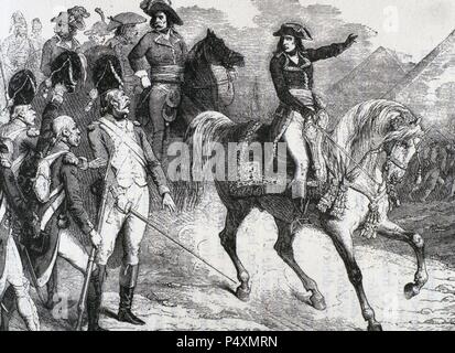 Napoleon Bonaparte (1769-1821). Die militärischen und politischen Führer Frankreichs und Kaiser der Franzosen, Napoleon I. in der Schlacht bei den Pyramiden (1798). Gravur. Stockfoto