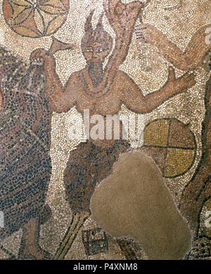 Römische Mosaik, ein Satyr. Detail aus dem Mosaik Treffen zwischen Ariadne und Dionysos. 4. Jahrhundert. Anniboni. Das Nationalmuseum für Römische Kunst. Merida. Spanien. Stockfoto