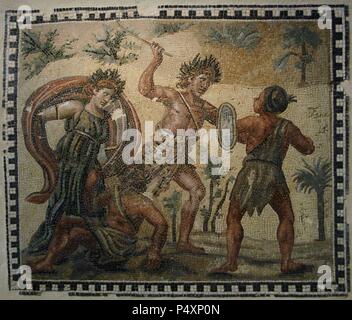 Pavement Mosaik, Dionysos, Kämpfe mit den Indianern. 4. Jahrhundert. Von der Villa Rufinella. Das Römische Nationalmuseum. Palazzo Massimo. Rom. Italien. Stockfoto