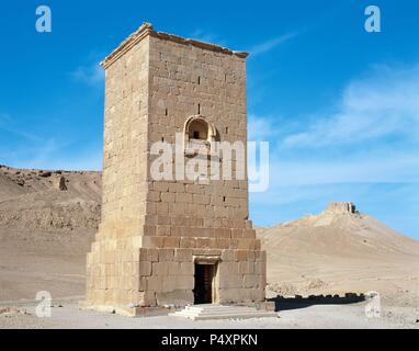 Römische Kunst. Syrien. Palmyra. Grabmal Turm im Tal der Gräber. C. 1. Jahrhundert. Oase der Tadmor. Stockfoto