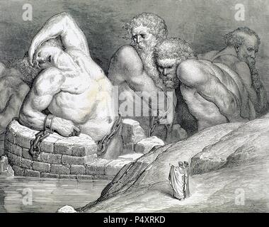 "LA DIVINA COMEDIA". Poema escrito en Toscano donde se relata El viaje de su Autor, DANTE ALIGHIERI, Para llegar a la CONTEMPLACION DIVINA. "ESE SOBERBIO QUISO MEDIR SUS FUERZAS CONTRA EL SOBERANO JOVE Y AQUI TIENE SU MERECIDO' (Infierno, C. XXXI). Grabado de Gustavo DORE. Stockfoto